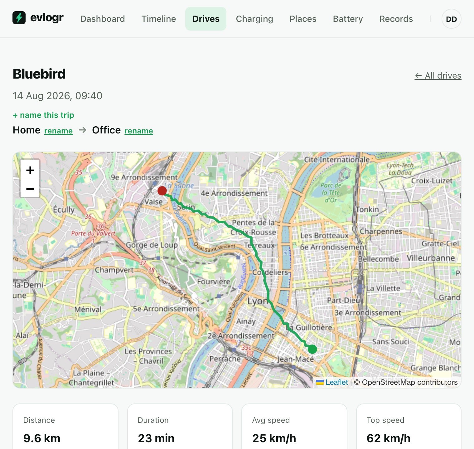 A drive in evlogr: the route on a map with distance, duration, speed, efficiency and outside temperature