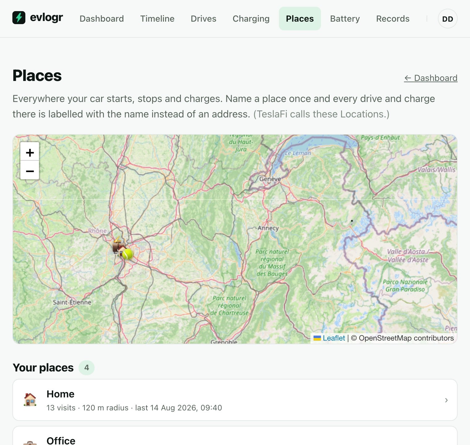 Saved places on a map, each with its visit count and match radius